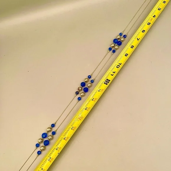 Vintage Cobalt Blue & Gold Bead Long Chain Necklace Gold Tone Plastic Metal - Picture 3 of 7